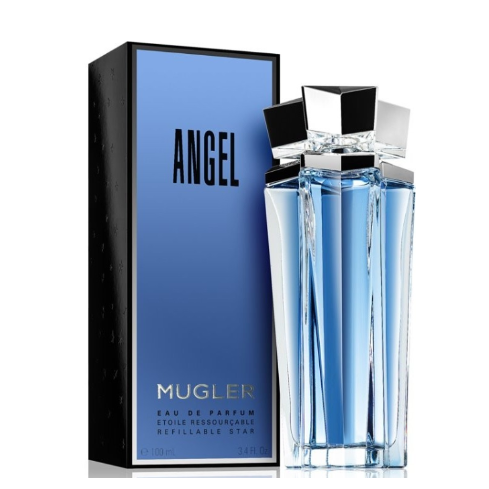 Bottiglia profumo Mugler Angel EDP 100ml ricaricabile con confezione blu e nera