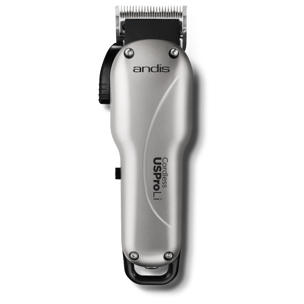andis-tosatrice-coordless-uspro-li-lcl- Tosatrice Andis grigio-argento con manico nero, vista di profilo, display digitale e pulsanti laterali