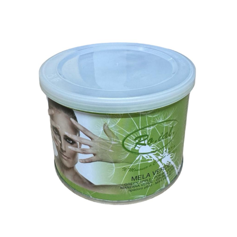 Vaso di cera depilatoria liposolubile Roial 400ml con coperchio blu trasparente ed etichetta verde