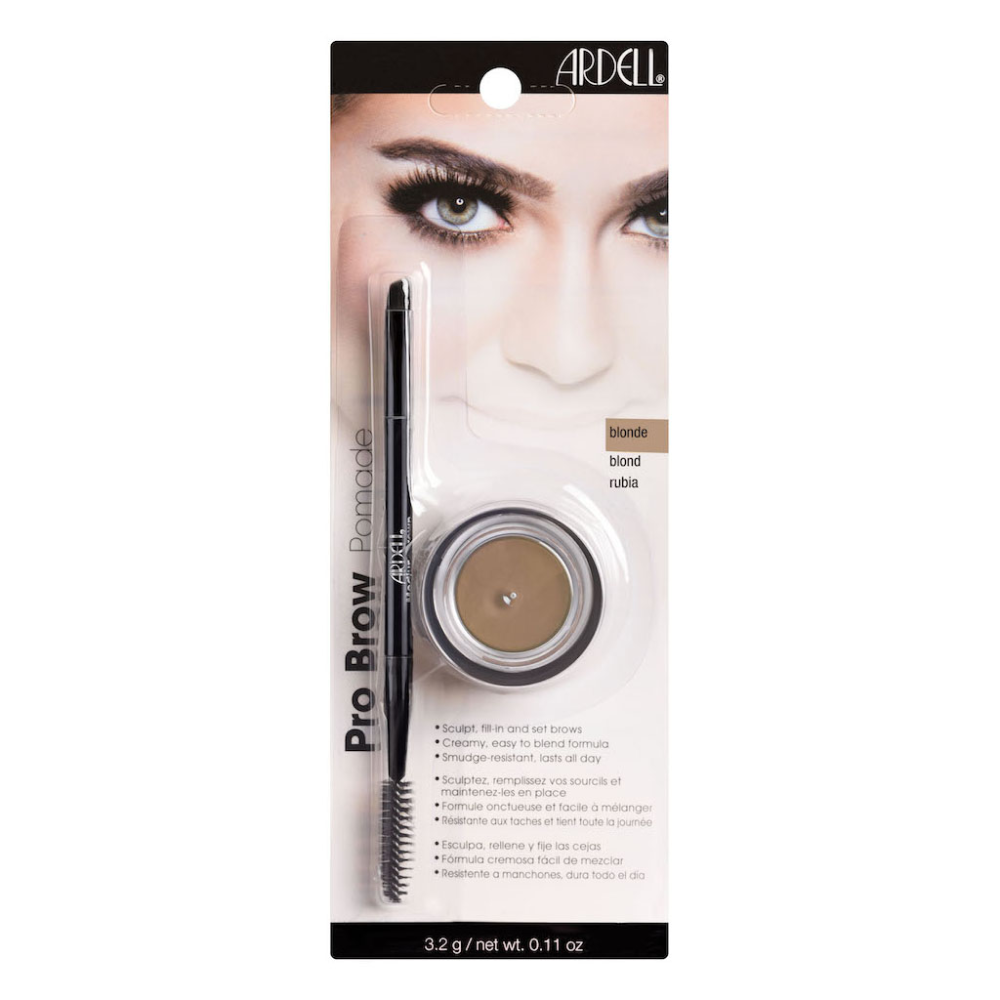 Ardell Brow Pomade Blonde: pomata, matita, vasetto e applicazione su modella