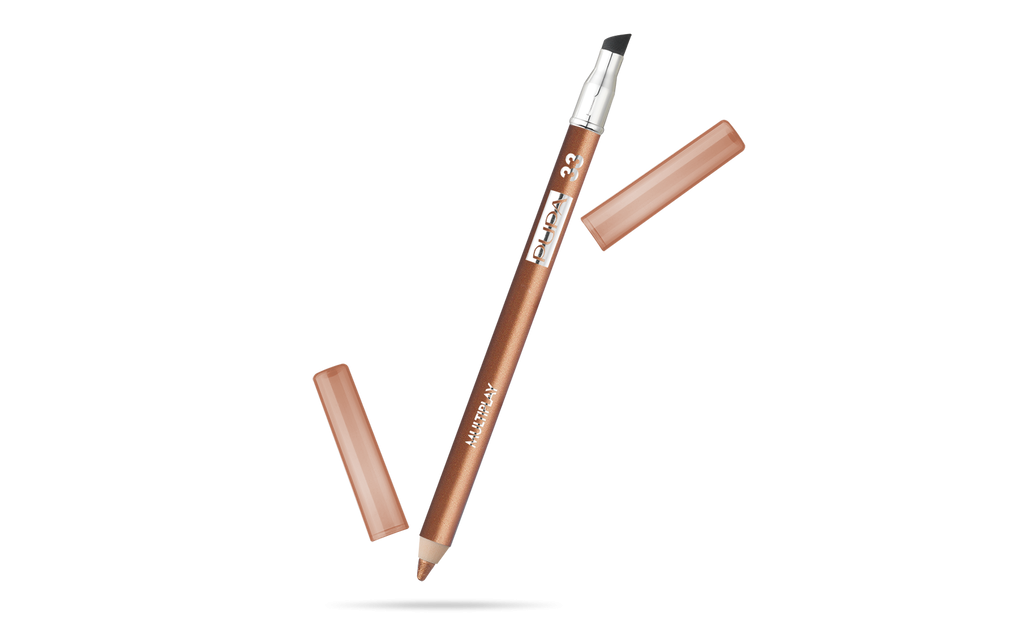 Matita Multiplay beige con due tappi, vista dall'alto su sfondo nero