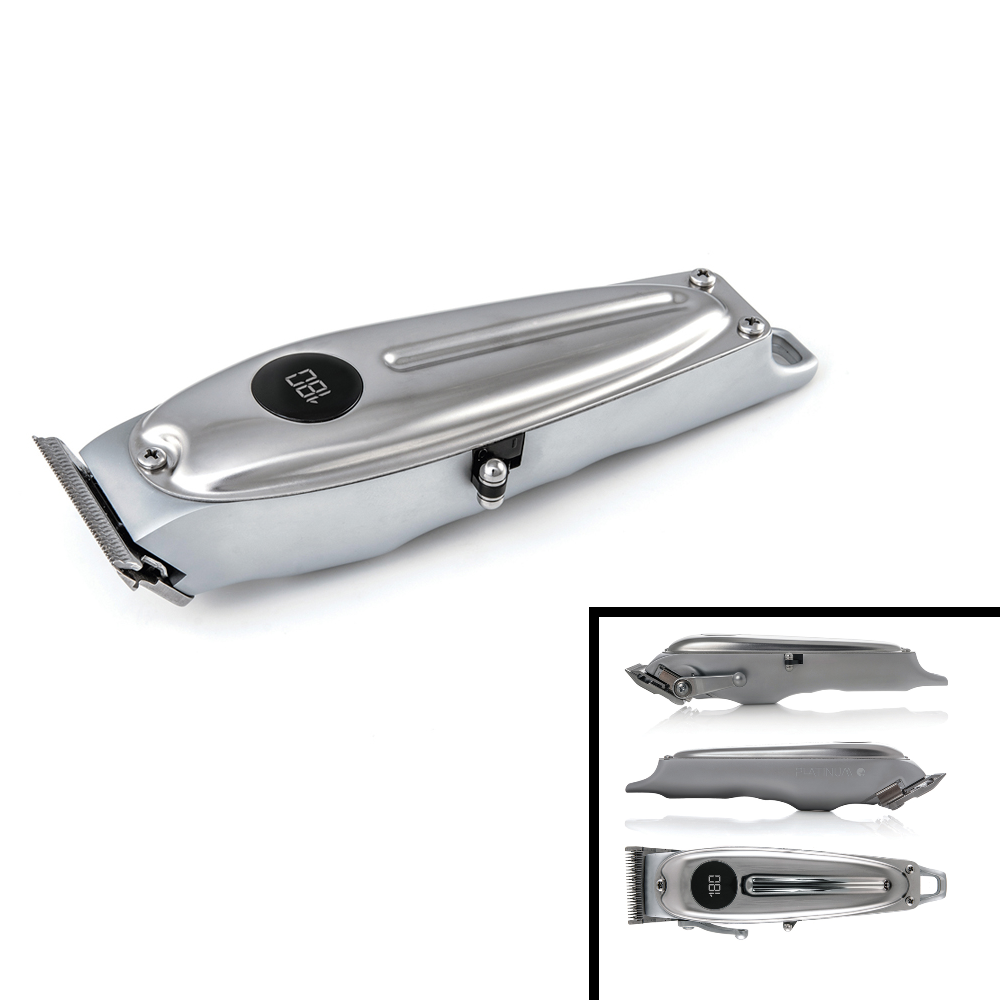 Tosatrice cordless con corpo chrome, lame in acciaio, vista frontale