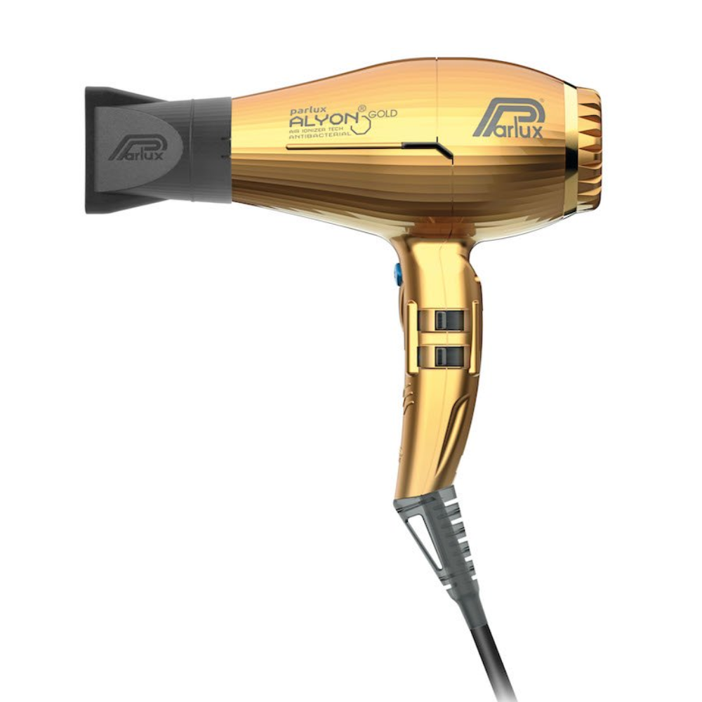 parlux-phon-alyon-gold-luxury Phon professionale Parlux Alyon dorato con ugello nero, vista di profilo