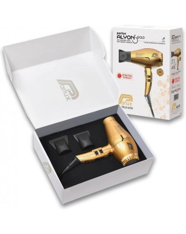 parlux-phon-alyon-gold-luxury Parlux Phon Alyon Gold Luxury: confezione bianca aperta con phon dorato visibile