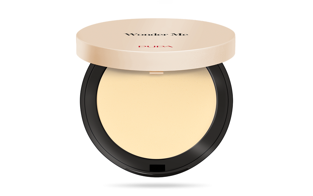 pupa-wonder-me-cipria-non-cipria-009 Cipria compatta beige champagne con applicatore, sfondo bianco