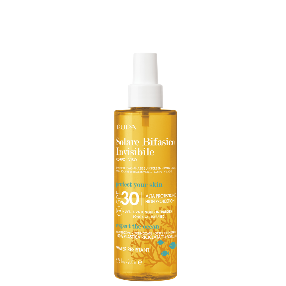 Bottiglia spray trasparente con solare bifasico dorato, etichetta bianca, pomello spray