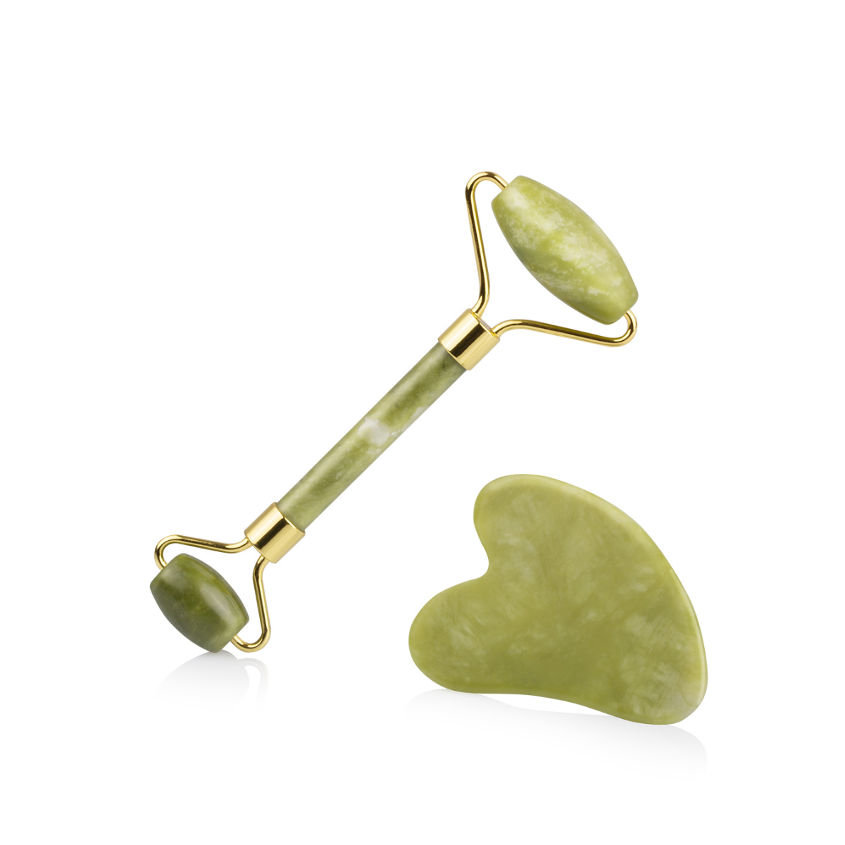 labor-santai-rullo-facciale-e-gua-sha-in-giada- Rullo facciale in giada con manico e pietra gua sha a forma di cuore su sfondo bianco