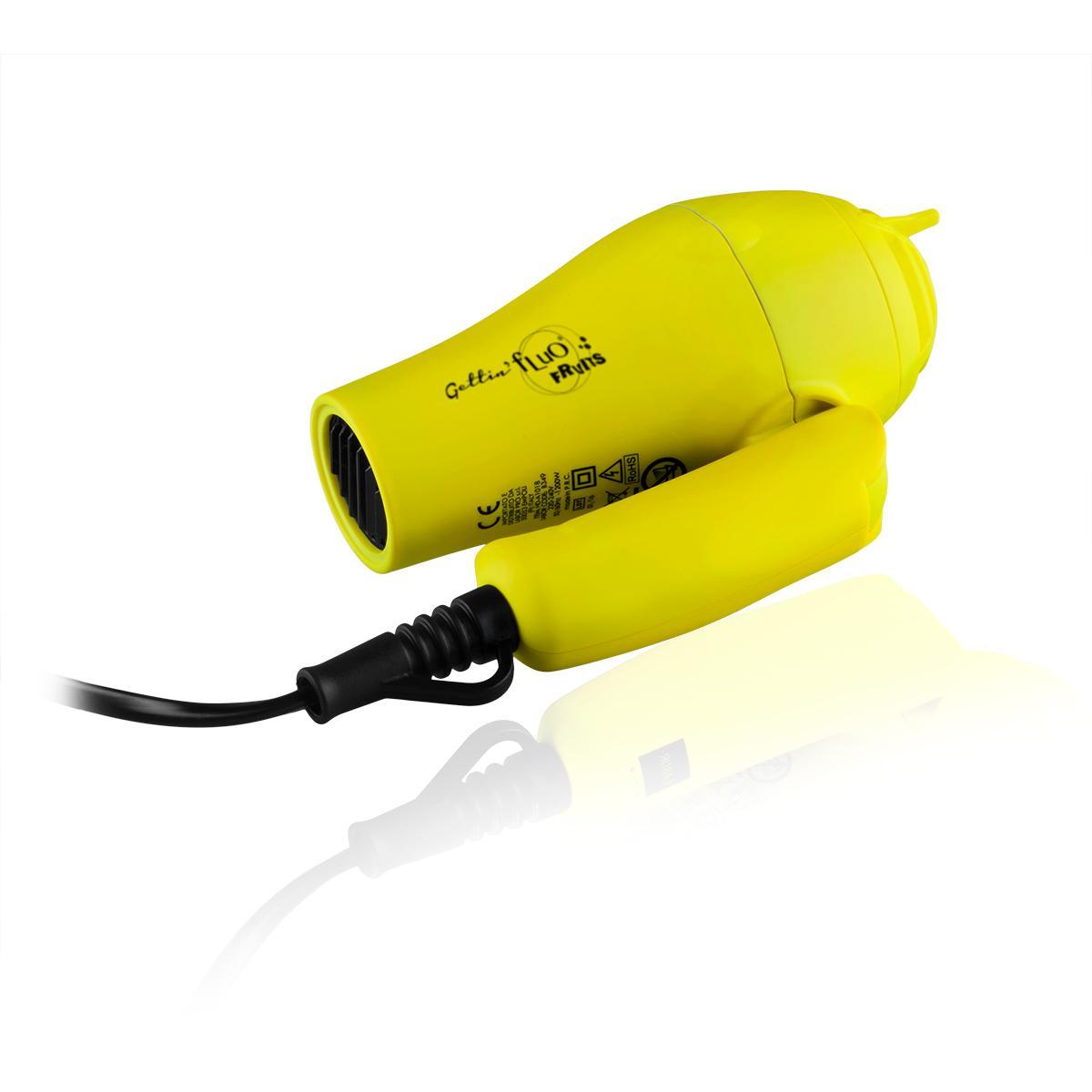 labor-mini-asciugacapelli-da-viaggio-giallo Labor Mini Asciugacapelli Da Viaggio Giallo vista laterale, posizionato orizzontalmente con tubo e cavo nero