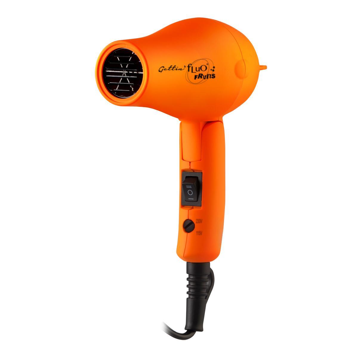 labor-mini-asciugacapelli-da-viaggio-arancione Asciugacapelli portatile arancione visto da lato, con presa d'aria circolare e tubo di scarico nero