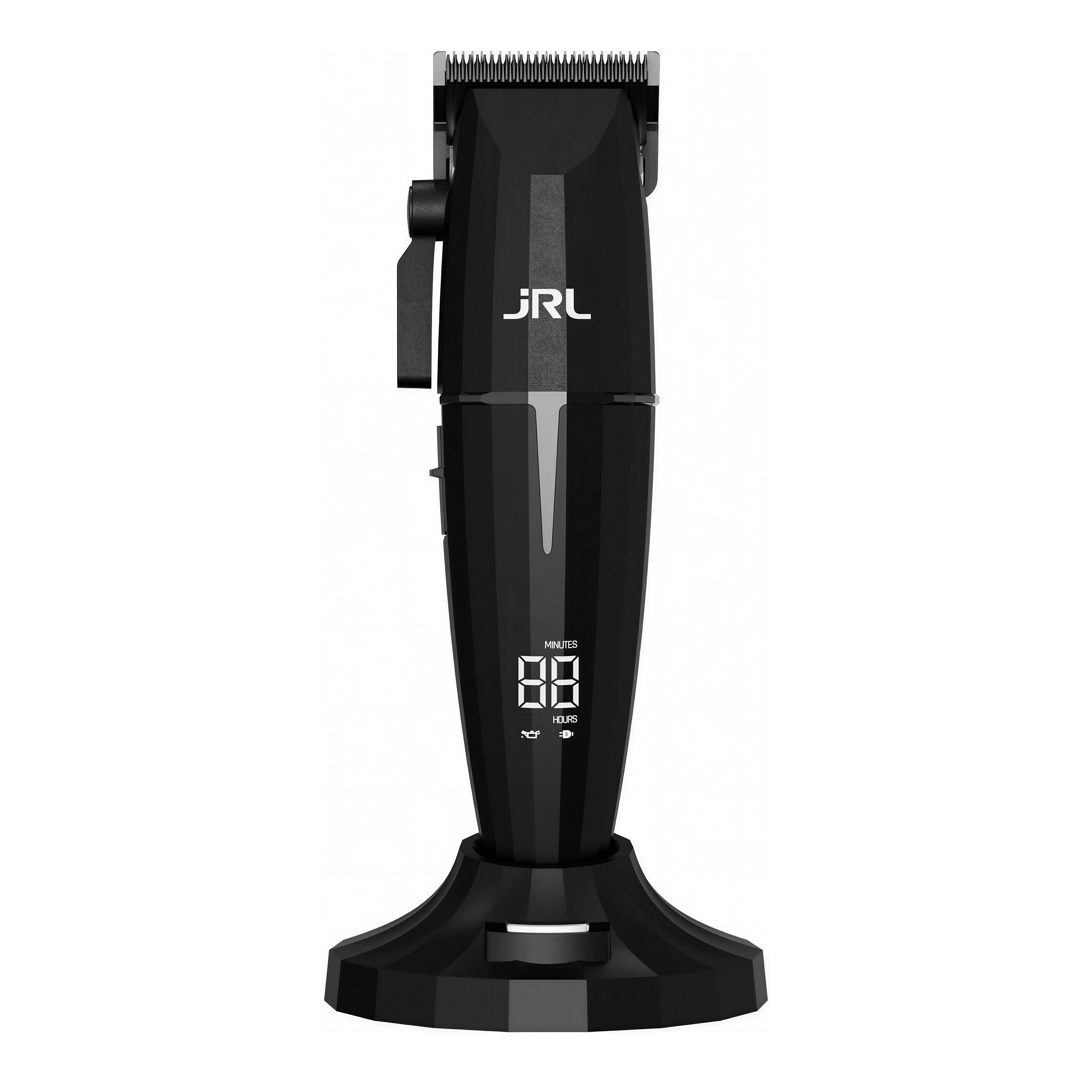 Tosatrice JRL Onyx 2020C-B nera cordless, vista frontale con testina di taglio e display digitale