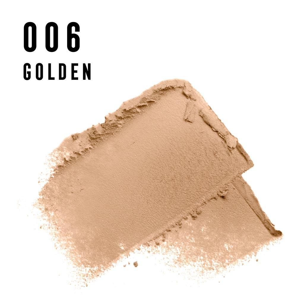 max-factor-fondotinta-facefinity-compact-06-golden Fondotinta in polvere compatta beige-dorato ripresa dall'alto con numerazione 006 e scritta GOLDEN