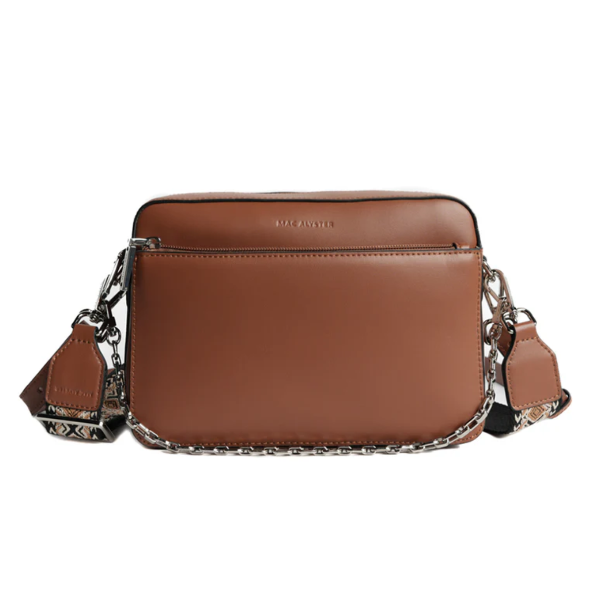 macalyster-borsa-donna-louna-cognac Borsa a spalla in pelle cognac con tracolla in tessuto stampato, vista frontale con fermagli metallici