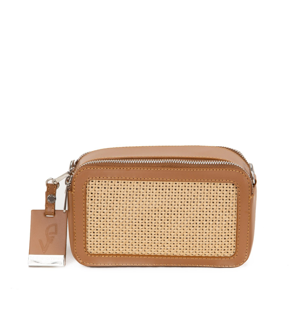 Borsa AMILIA Small in pelle e paglia, colore cuoio, con tracolla