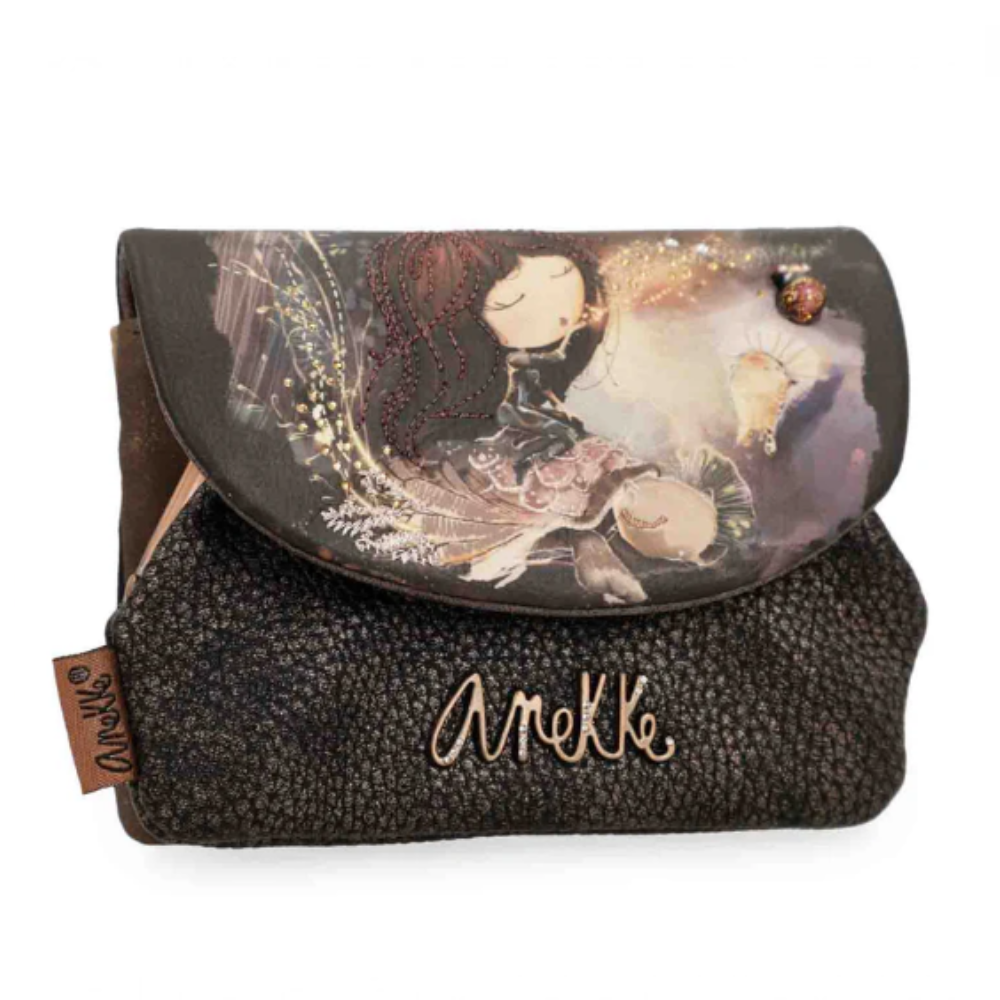Portamonete ANEKKE con pattern floreale marrone e nero, logo ricamato