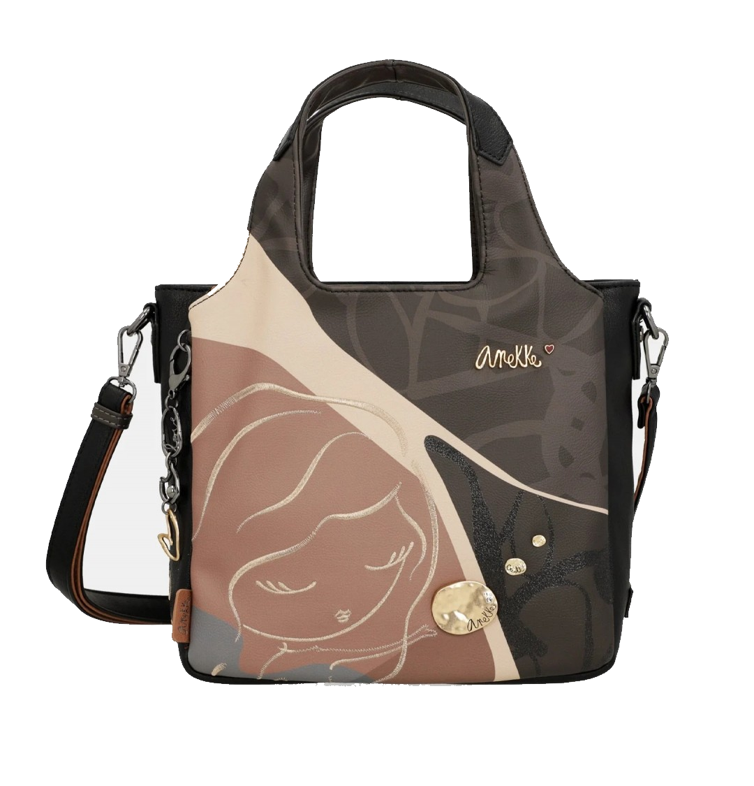 Anekke borsa con manico grigio marrone decorazioni floreali spalla regolabile