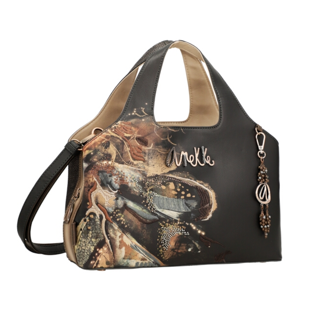 Borsa a spalla ANEKKE nero e marrone con decorazioni, scritte e dettagli grafici