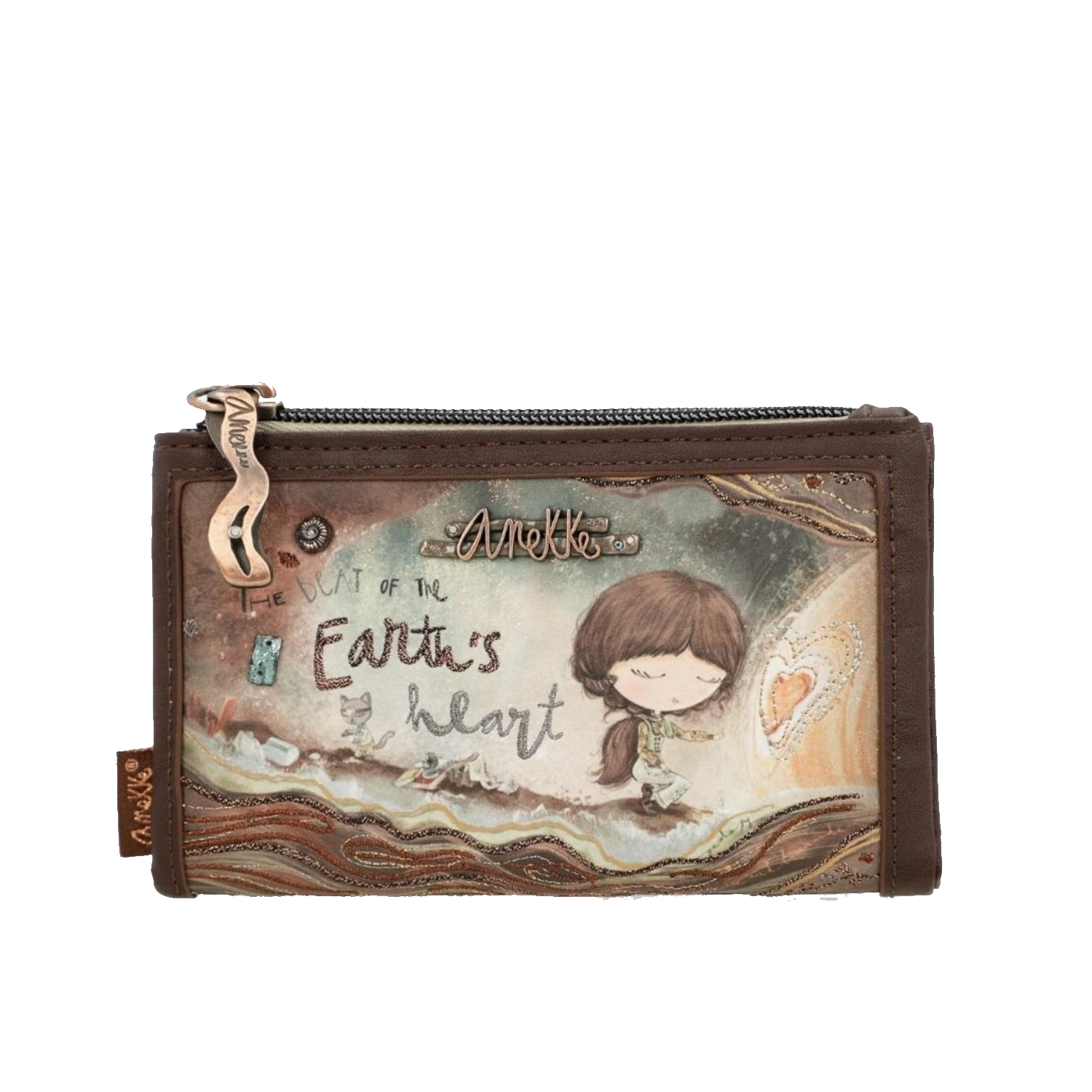 Portafoglio ANEKKE con zip, design vintage in tonalità marrone e beige