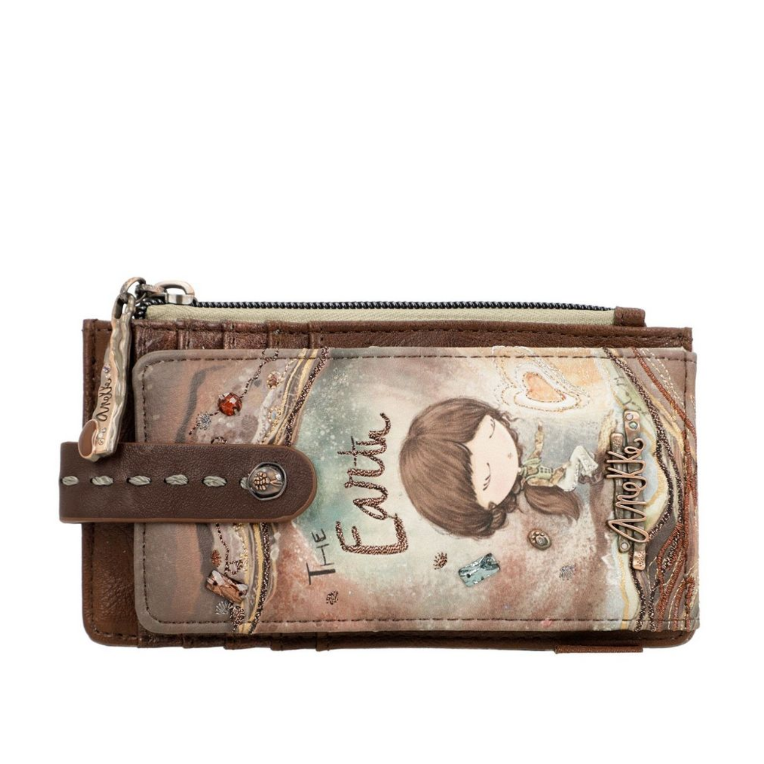Portacarte ANEKKE pelle sintetica marrone beige, dettagli decorativi, chiusura bottone pressione
