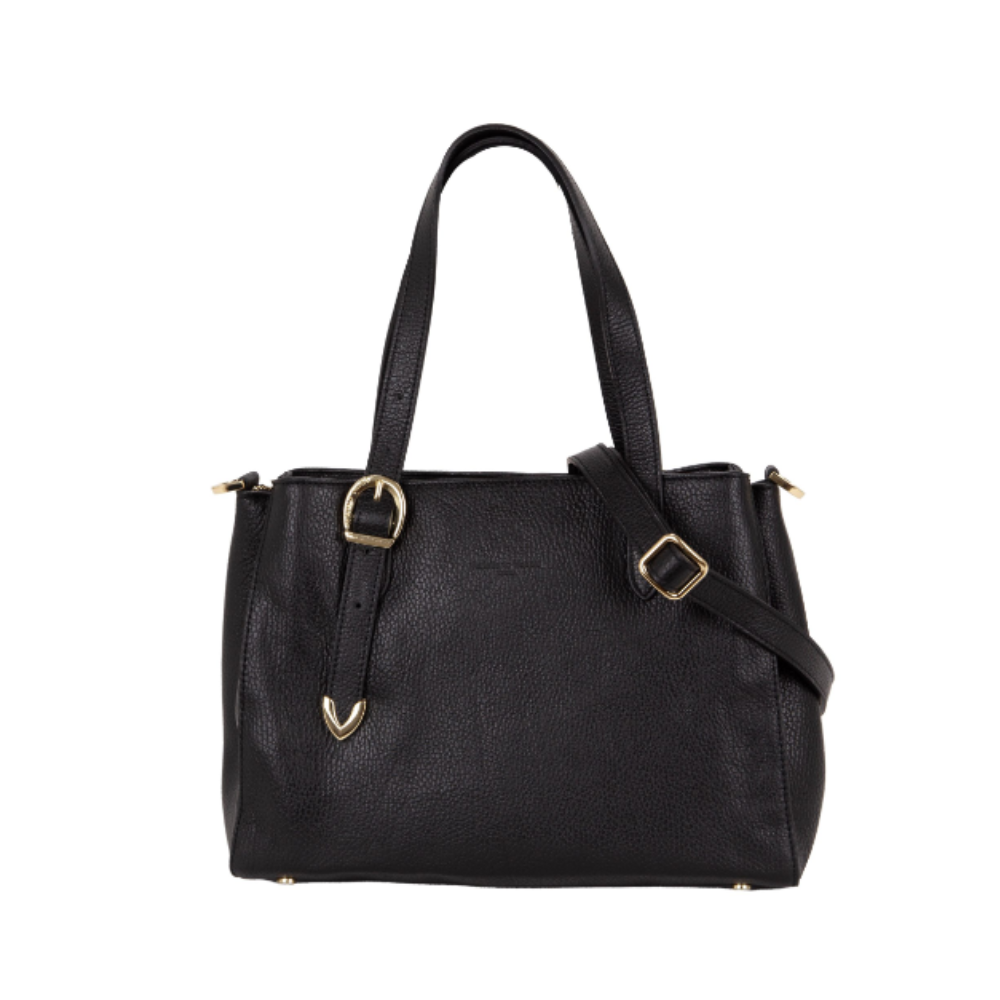 Borsa a mano media in pelle nera Pelletteria Veneta con manici e accessori in metallo dorato