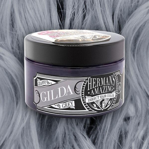 Barattolo crema colorante capelli Herman's Amazing Direct Hair Color 115ml tonalità Gilda su sfondo capelli grigi