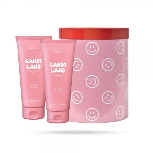 Confezione regalo rosa con gel doccia e latte corpo in tubi rosa e scatola cilindrica rossa con stampa faccette sorridenti