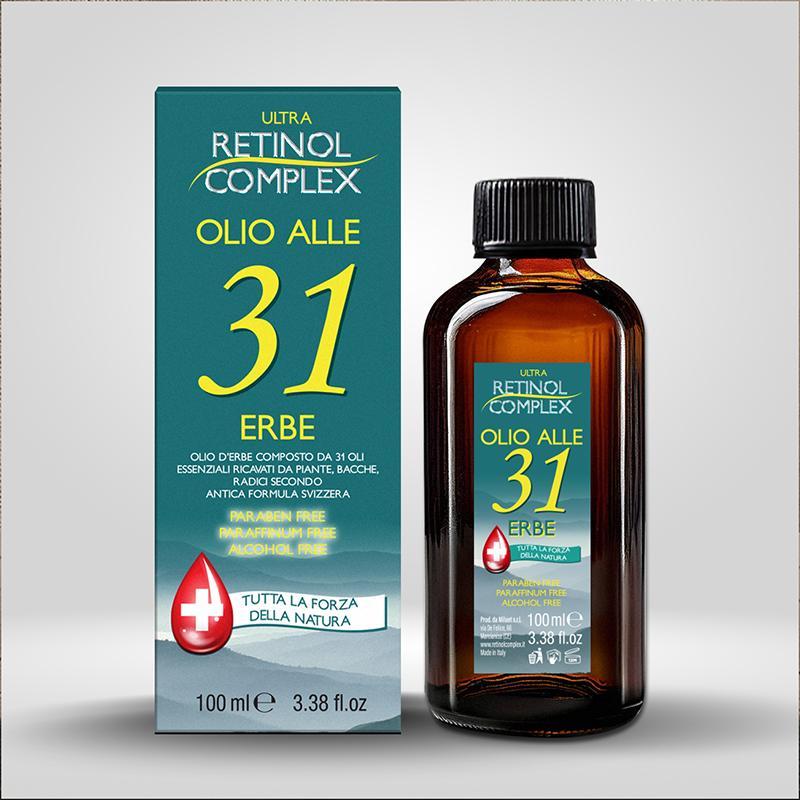 Confezione e flacone di olio Ultra Retinol Complex 100ml con scatola verde e flacone in vetro ambrato