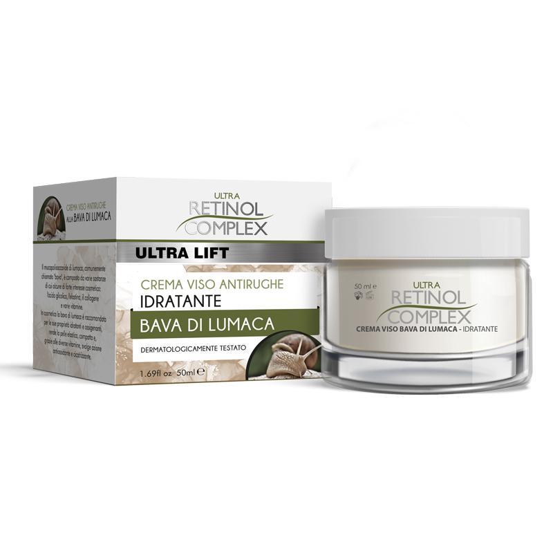 retinol-complex-crema-viso-antirughe-idratante-bava-di-lumaca-50ml-101 Barattolo di crema ULTRA RETINOL con confezione box aperta, vista del prodotto in primo piano