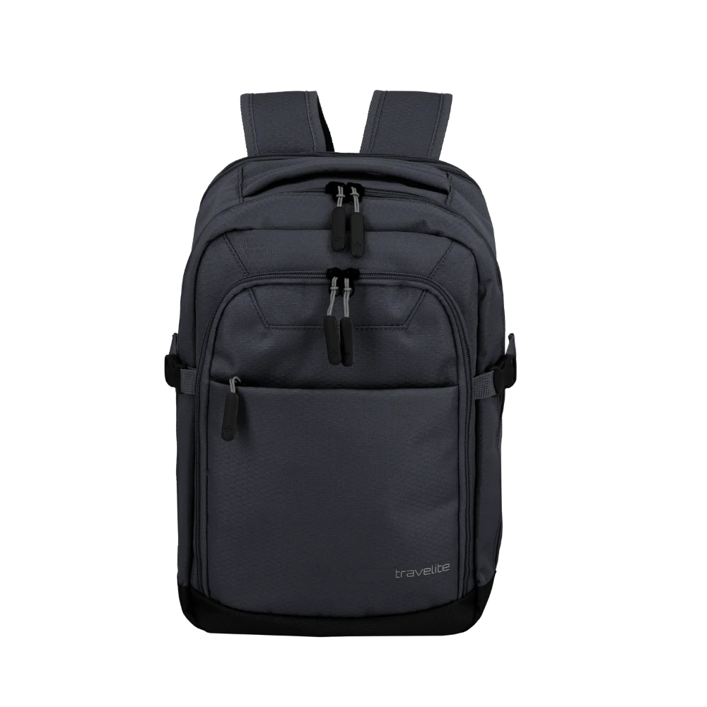 Zaino Travelite Kick Off Cabin antracite, vista frontale con spallacci e tasche