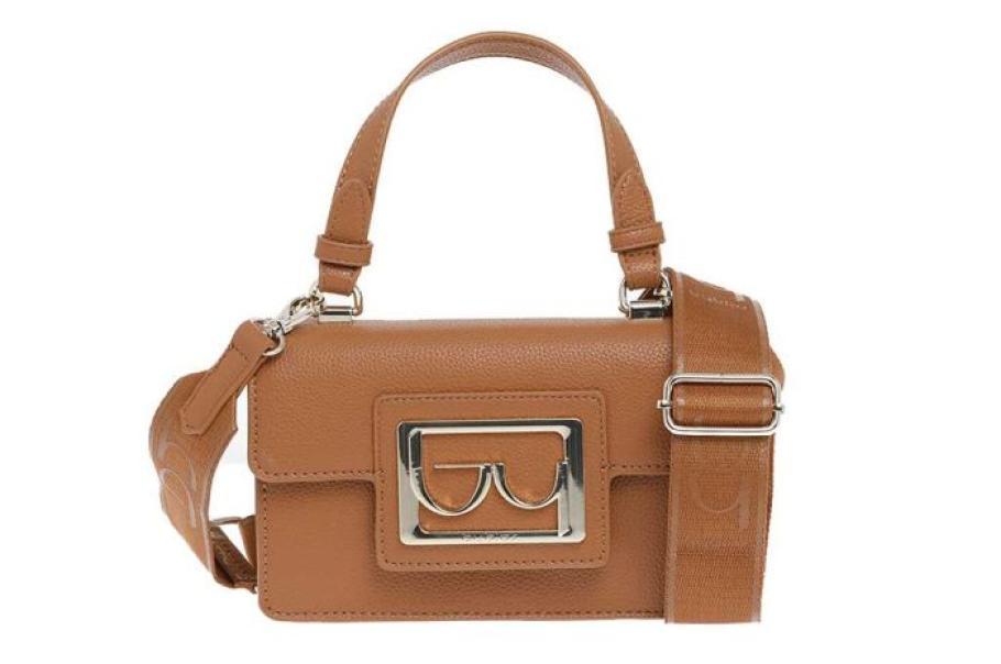 Borsa Byblos in tessuto camel con manico e tracolla, chiusura placca decorativa