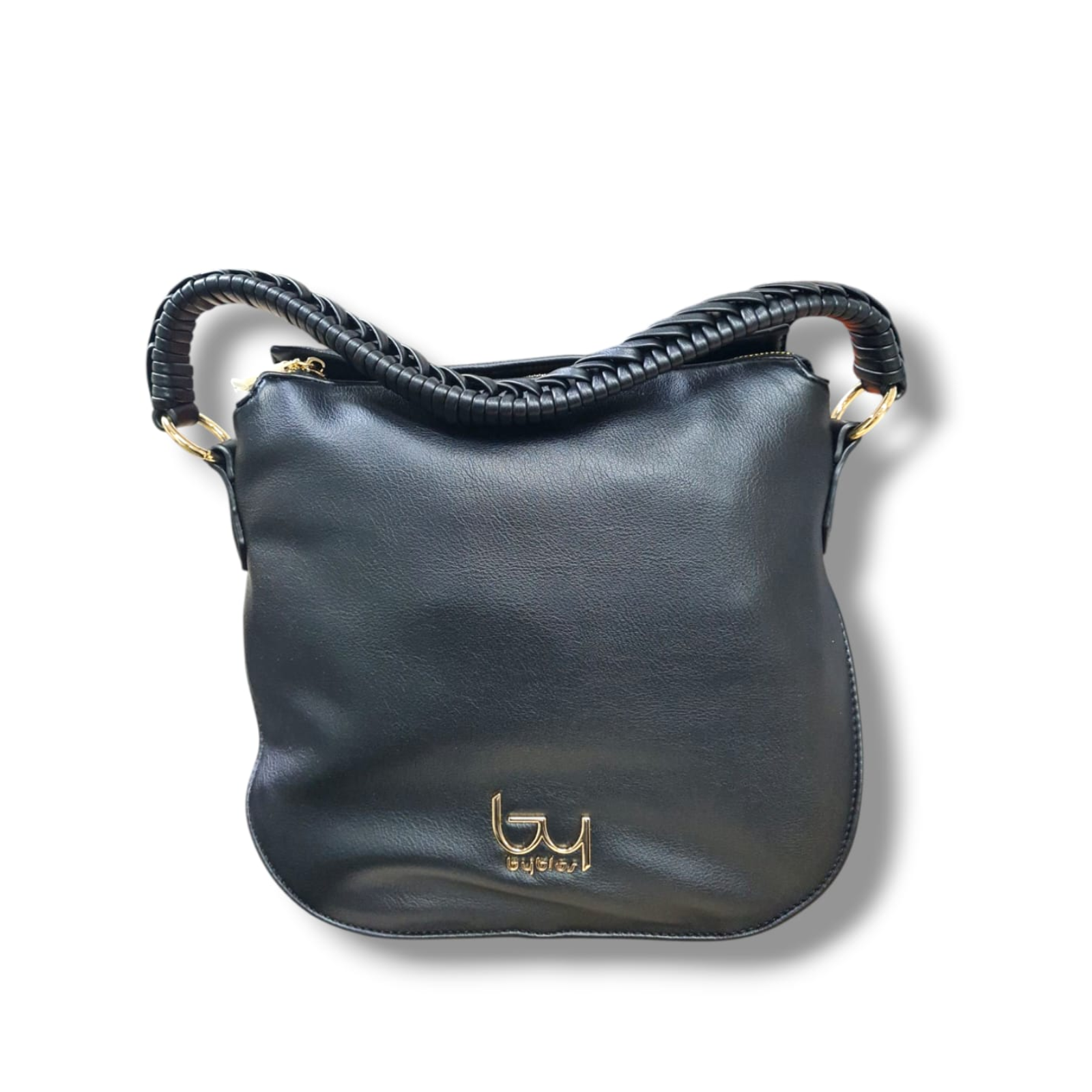 Borsa BYBLOS sintetico nero con manici intrecciati e logo dorato