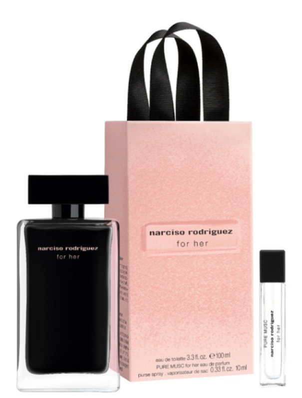 narciso rodriguez e.d.t.n.rodriguez her 100ml - foto 1 Set con tre flaconi di profumo, scatola rosa con manico nero, flacone nero principale e campione