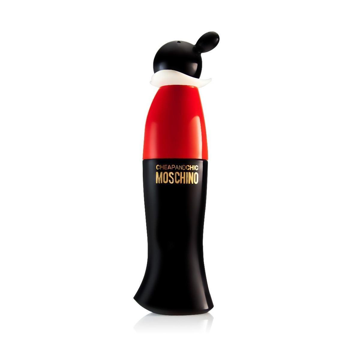Bottiglia profumo Moschino Cheap & Chic EDT 100 ml, bicolore nero e rosso con tappo nero