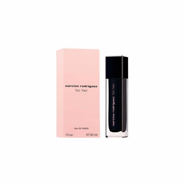 Bottiglia rosa di profumo Narciso Rodriguez Her 30ml con confezione contenitore nero