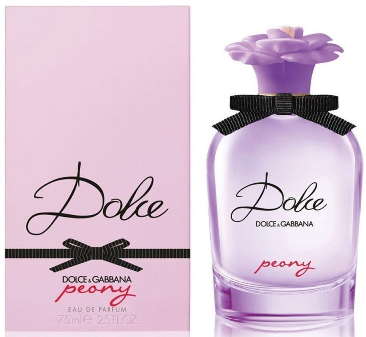 Bottiglia profumo Dolce Peony Dolce&Gabbana 75ml con scatola rosa, fronte e prospettiva