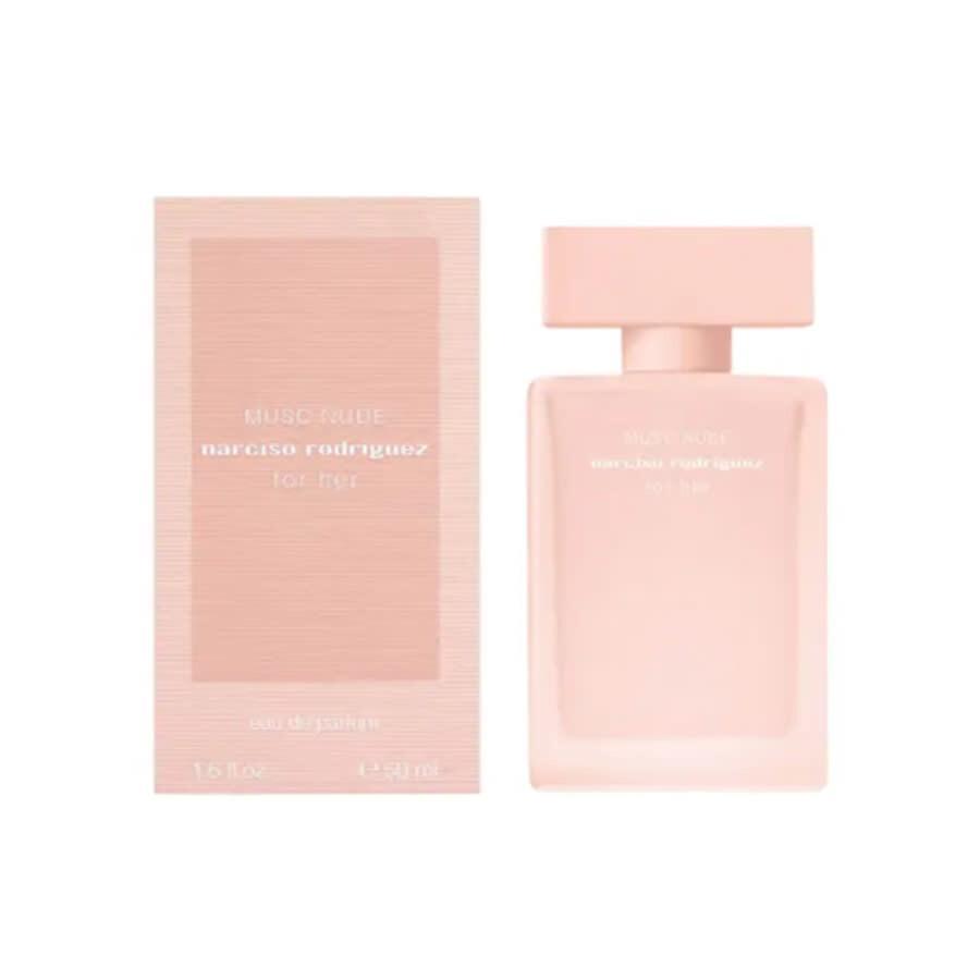 Confezione e bottiglia profumo Narciso Rodriguez Musk Nude 50ml rosa pesca su sfondo bianco