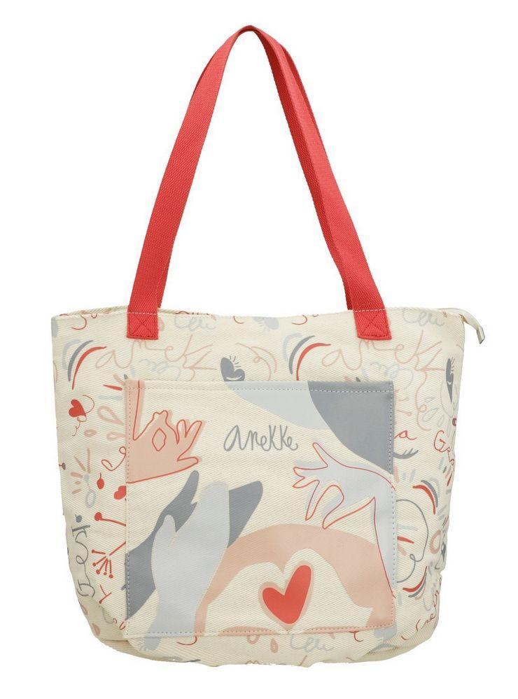 ANEKKE borsa da spiaggia tessuto beige con stampa decorativa e manici rossi