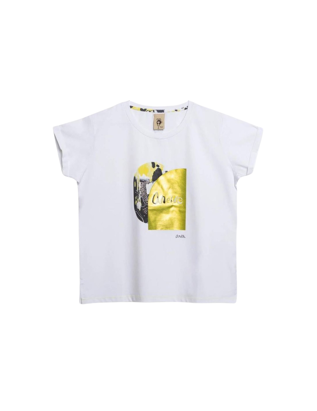 anekke-t-shirt-da-donna-stampata-l/xl T-shirt donna Anekke fronte con stampo decorativo giallo e illustrazione