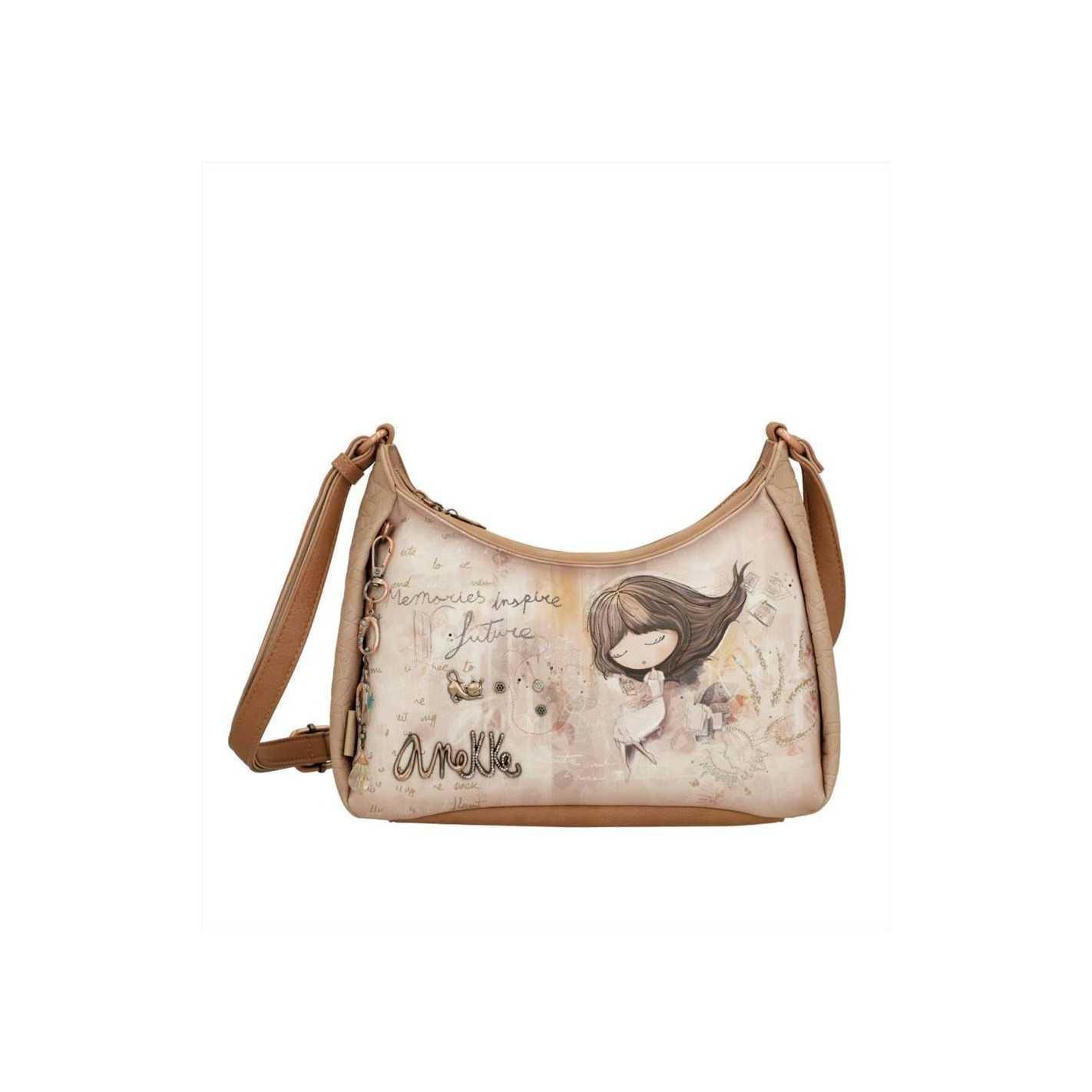Borsa a tracolla media marrone con decorazione artistica, vista frontale con tracolla in pelle