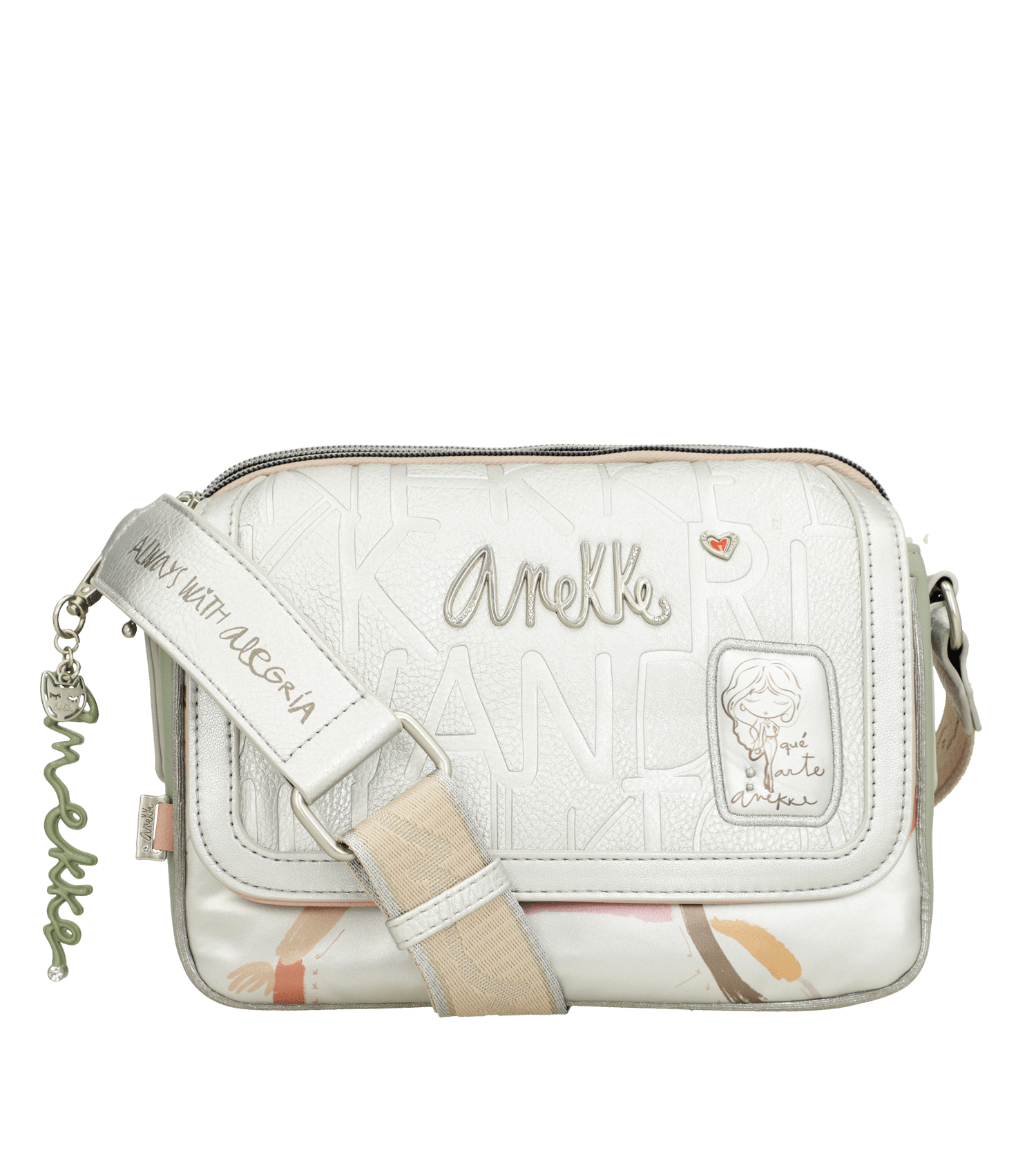 Borsa a tracolla canvas beige con logo Anekke ricamato e ciondolo decorativo