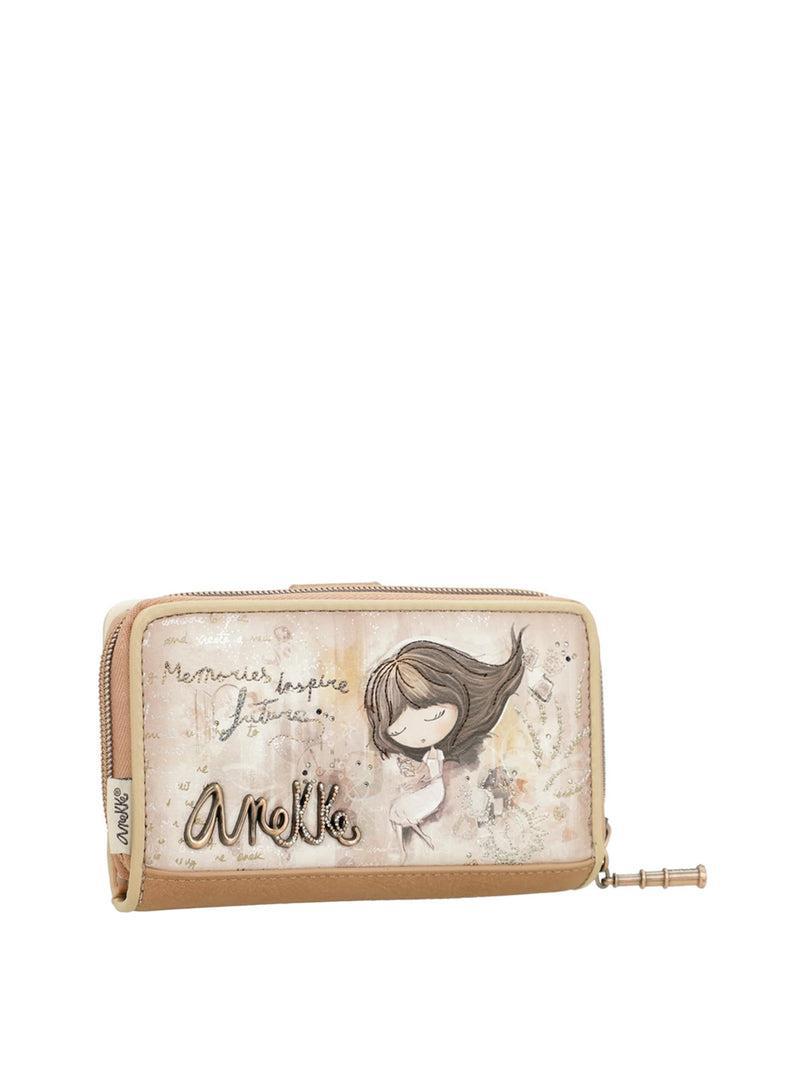 Portafoglio ANEKKE beige con illustrazione viso e scritta, cerniera laterale