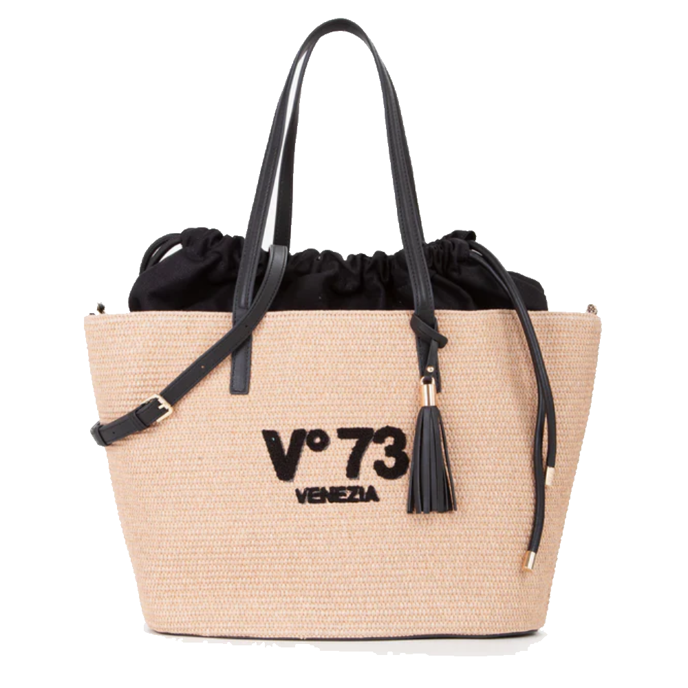 Borsa donna Inge con manici: tela beige naturale e dettagli in similpelle nera, forma morbida con fiocco