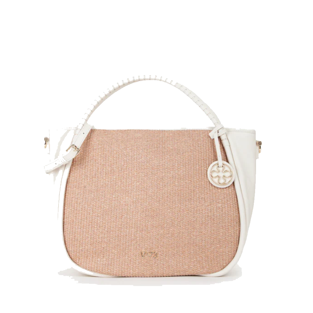 Borsa sintetica donna tonalità naturale e dettagli bianco sporco