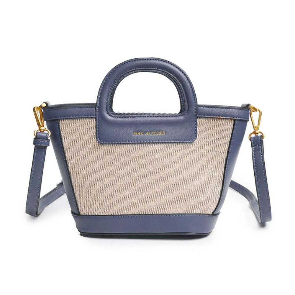 Borsa a mano bicolore blu navy e beige con manici e tracolla