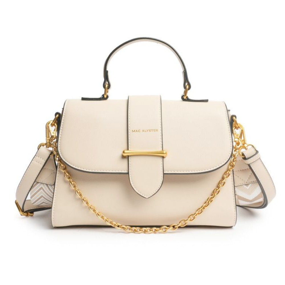 Zaino beige/nude con manici in pelle, chiusura a placca dorata con catena