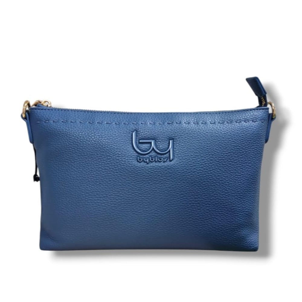 Borsa a tracolla blu in pelle con logo 'bu' in rilievo, vista frontale