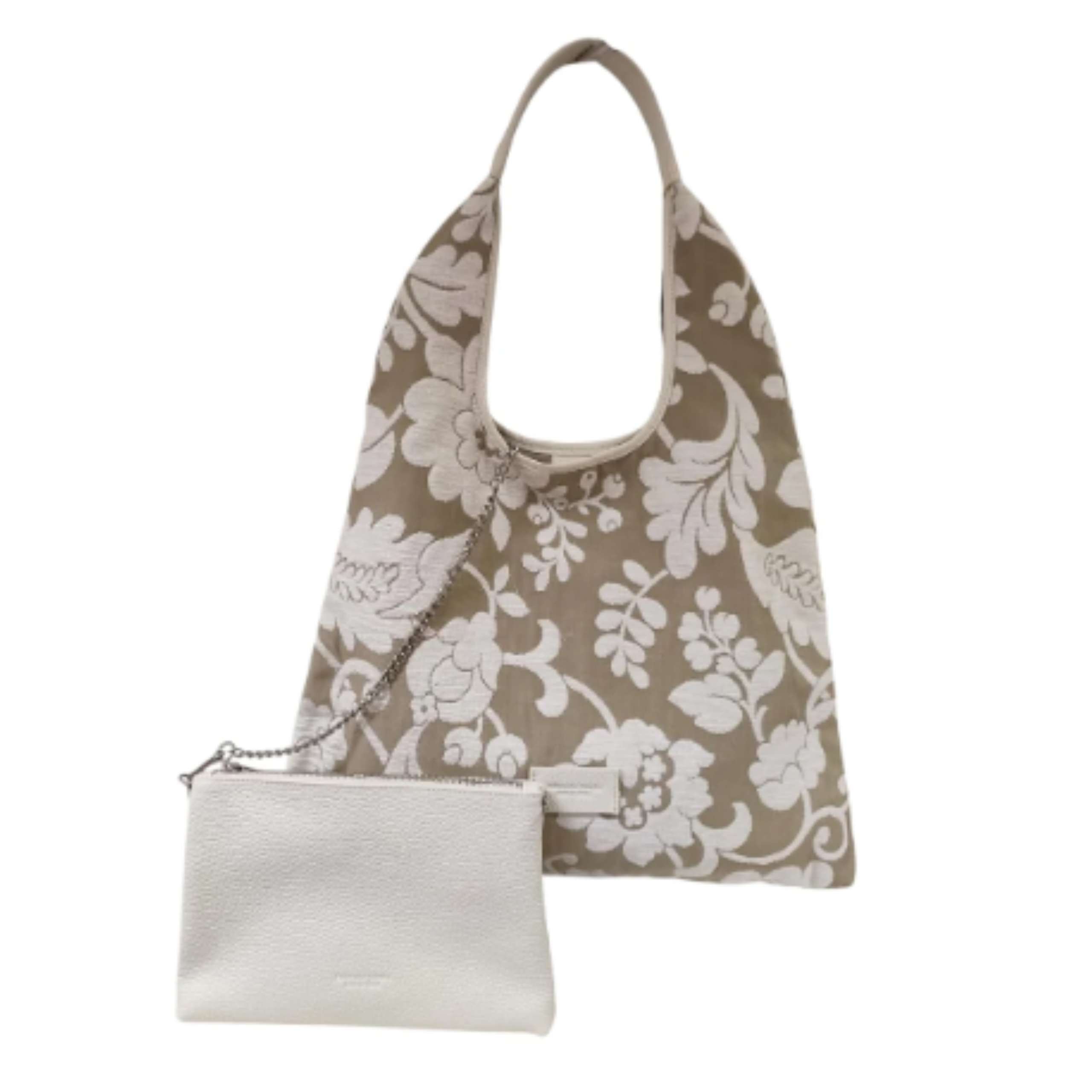 Borsa a mano media in paglia e pelle con motivo floreale, manici e pochette coordinata