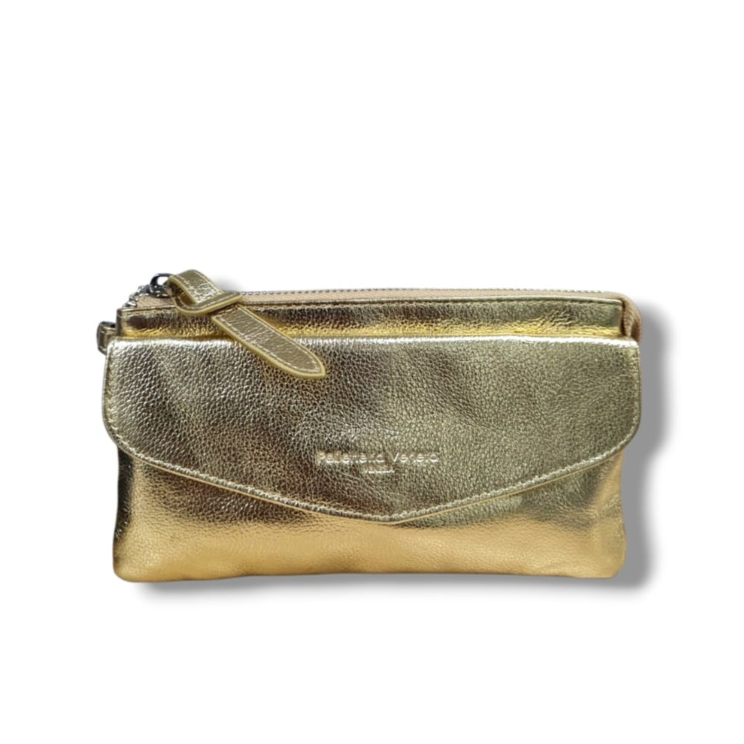 Tracolla piccola pelle martellata laminata platino Linea Elsa con zip