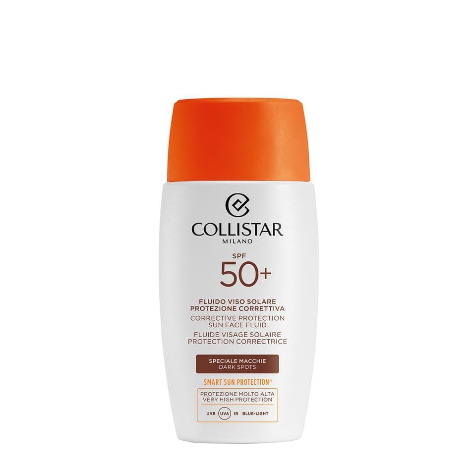 Bottiglia di fluido solare Collistar SPF 50+ con tappo arancione, vista frontale