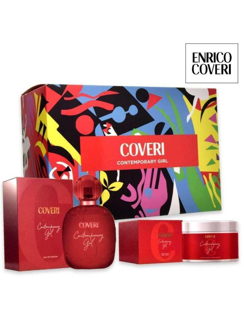 Confezione regalo Enrico Coveri: profumo 100ml, crema corpo 200ml, scatola colorata con motivi astratti