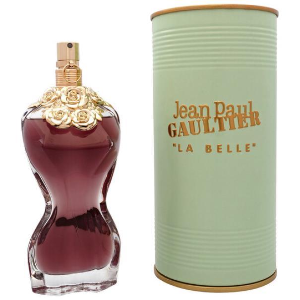 Flacone di profumo a forma di donna in vetro rosso-bordeaux con tappo dorato e confezione Jean Paul Gaultier La Belle
